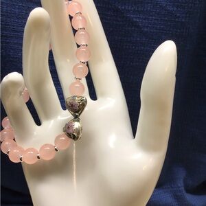 Elegant Pink Beaded Bracelet with Silver Heart Accents